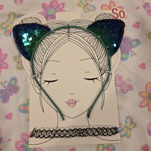 *SO* Sequin Cat Ear Headband & Tattoo Choker in Green and Blue For Girls
